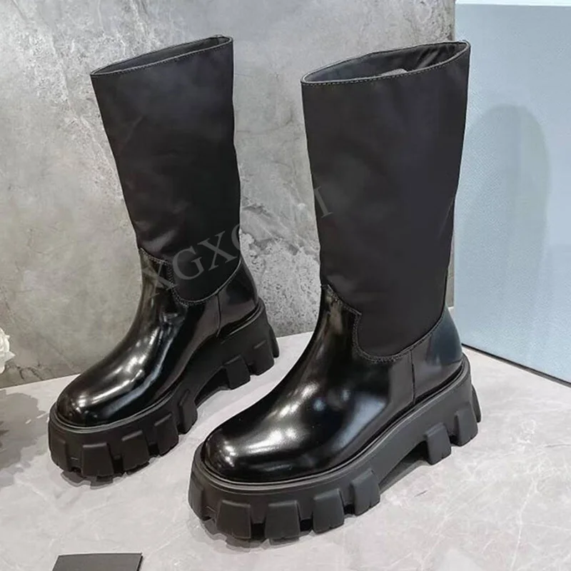 

Женские длинные сапоги в стиле панк, модные женские сапоги до колена из натуральной кожи с золотыми заклепками и круглым носком, ковбойские ...