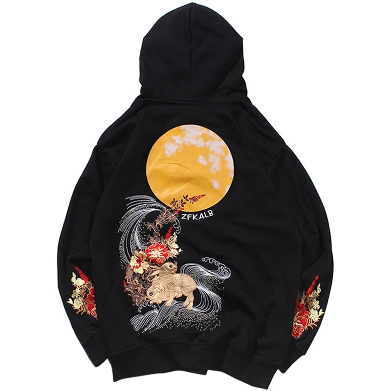 

2021 Men Hip Hop Hooded Sweatshirt Embroidered Floral Full Moon Rabbit Harajuku Streetwear Hoodie Pullover Spring Autumn Hipster