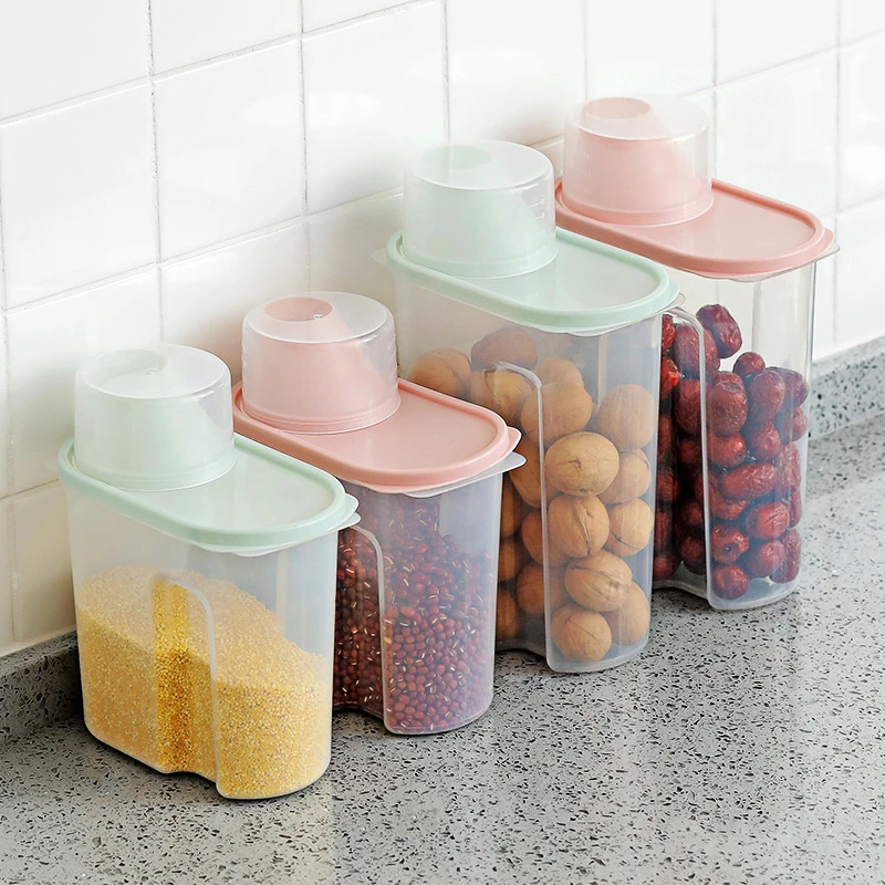 

1.9L-2.5L Kitchen Sealed Grains Storage Box Transparent Rice Bucket Jars Food Organizer Plastic Tank Bottles with Measuring Cup