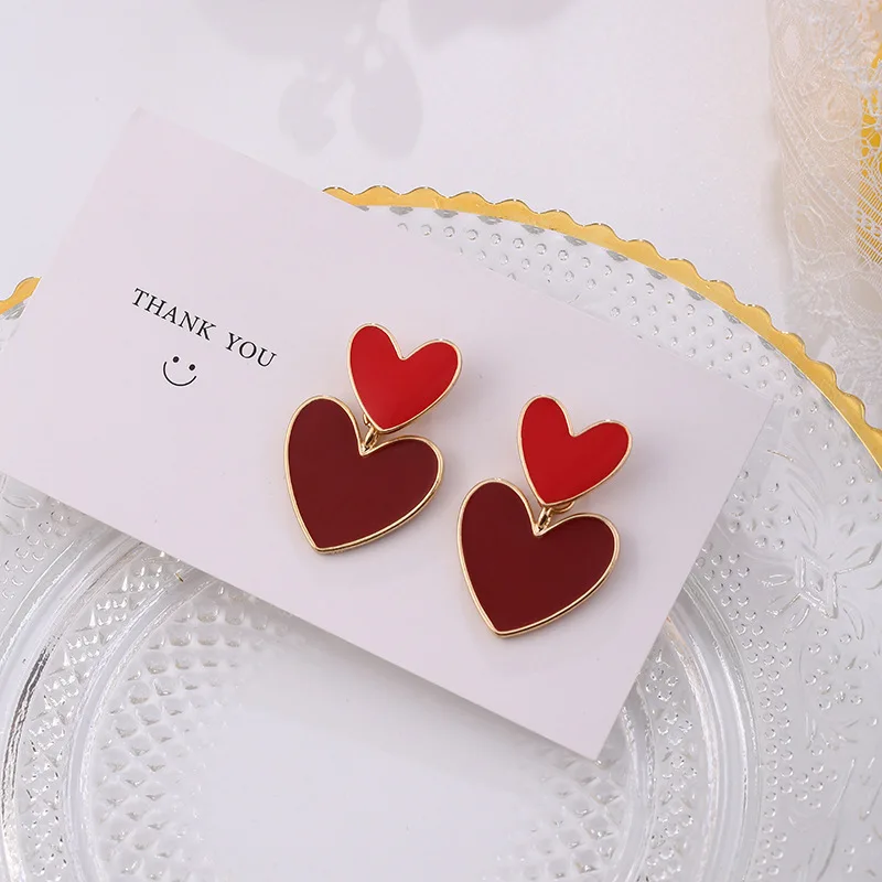

2020 New Arrival Trendy Simple Enamel Double Love Heart Drop Earrings For Women Sweet Jewelry Pendientes Gifts