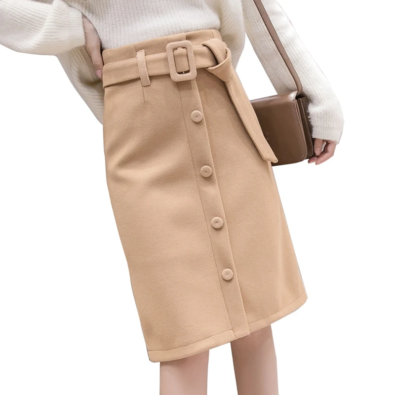 

2020 Autumn Winter Woolen Women Skirts Ladies Belt Single Breasted High Waist A-Line Elegant Midi Skirts Female