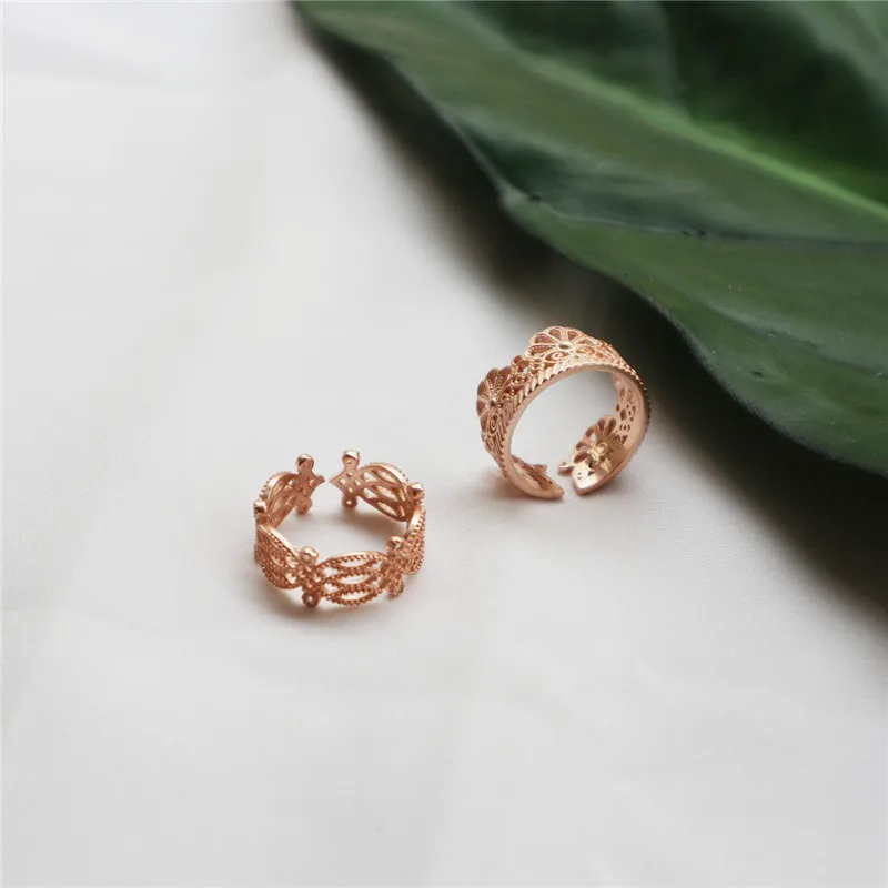 POFUNUO Real 925 Sterling Silver Korean Style Women Hollow Lace Flower Design Rings Girl Stylish Rose Gold Exquisite Zircon Ring | Украшения