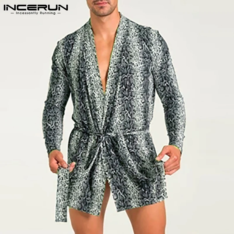 

INCERUN Men Robes Leopard Print Open Stitch Homewear V Neck Long Sleeve Nightgown 2022 Sexy Loose Men Bathrobes With Belt S-5XL