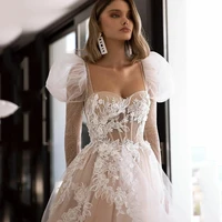 princess white wedding dress square collar floor length lace button backless a line wedding party de fiesta robe de soiree