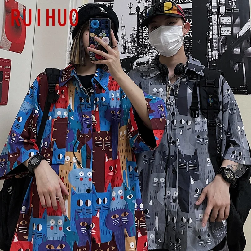 

RUIHUO Cartoon Cat Print Casual Shirts For Men Clothing Korean Fashion Men Shirts Short Sleeve M-2XL 2021 New Arrivals
