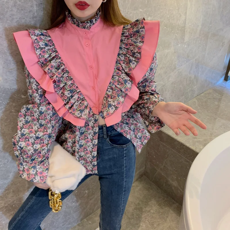 

Female Vintage Color Block Patchwork Ruffled Cotton Blouse Stand Collar Single-breasted Long Sleeved Floral Sweet Top