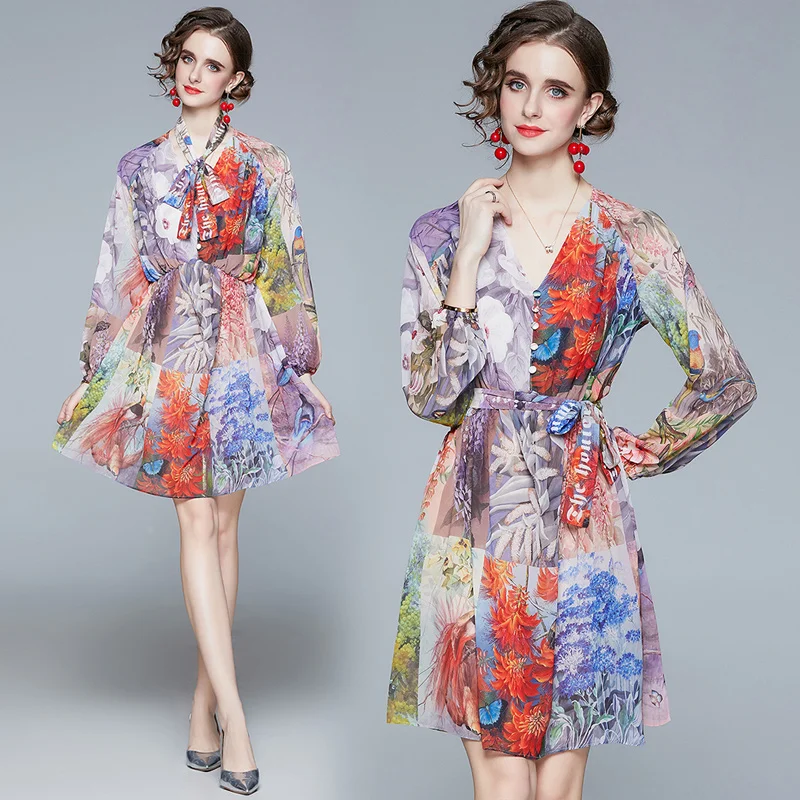 

Simgent 2021 Spring Dress Women Fashion Elegant Lantern Sleeve V-Neck Ladies Dress Vestidos Jurken Femme Robe SG012105