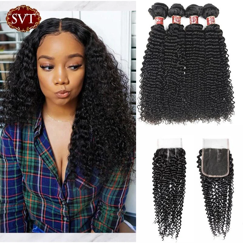 Курчавые вьющиеся пряди волос SVT с застежкой бразильские пучки человеческие