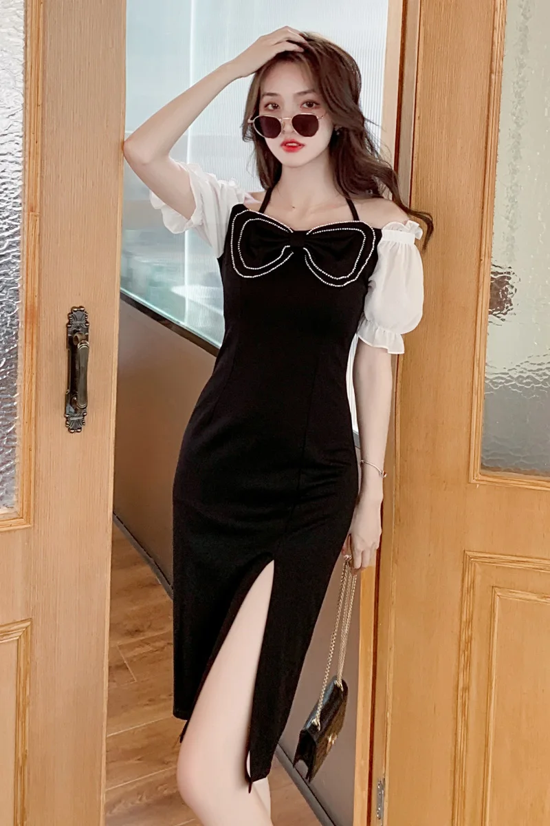 

COIGARSAM Women one-piece dress korean New Summer Vintage Dresses Black 9633
