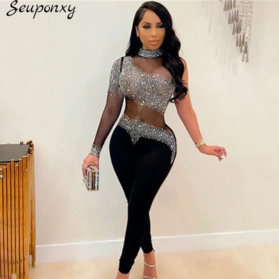 High Quality Women Sexy One Shoulder Long Sleeve Mesh Crystal Diamond Bodycon Bandage Jumpsuit 2022 New Black Fashion Jumpsuit