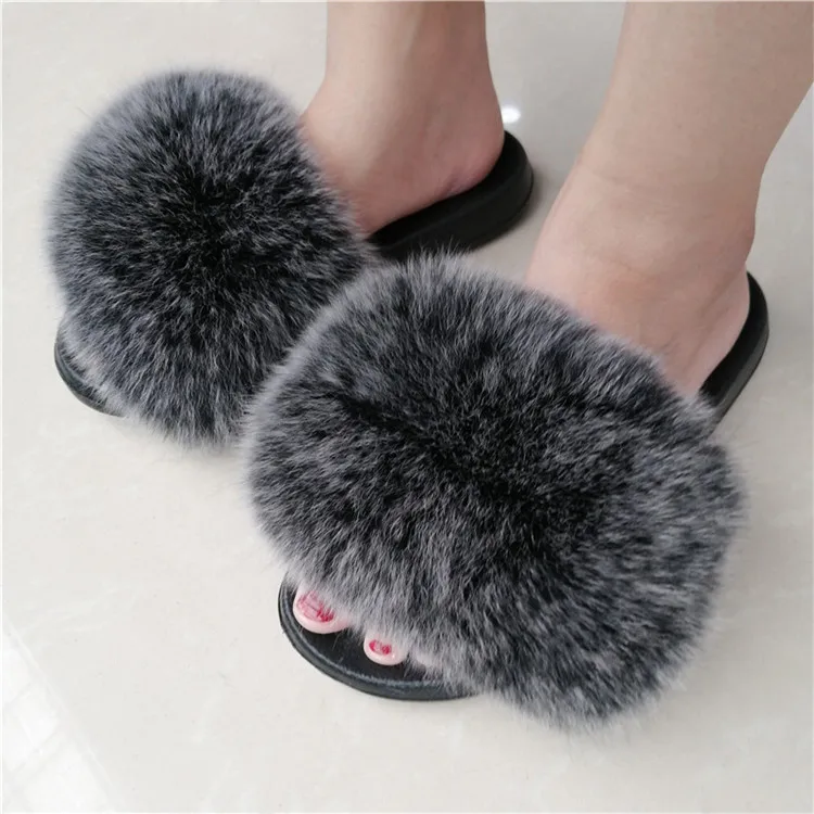 as pic shows 26 Women Fox Fur Slippers Real Fox Fur Slides Lovely Plush Slippers Woman Summer Home Sandals Women Fur Slides Furry Flip Flops Hot - Цвет: as pic shows 26