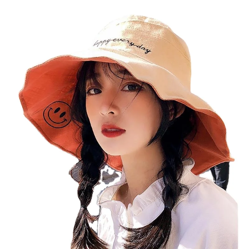 Outdoor Smiling Hat Female Summer Sunscreen Hat Autumn Double-sided Beach Sunshade Hat Fisherman Hat Korean Basin Hat Y015