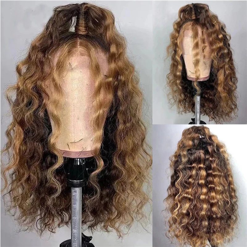 

Curly Human Hair Wig Brown Ombre 13x1 Brazilian Brown Color Deep Water Wave Hd Frontal Highlight Lace Front Wigs For Women