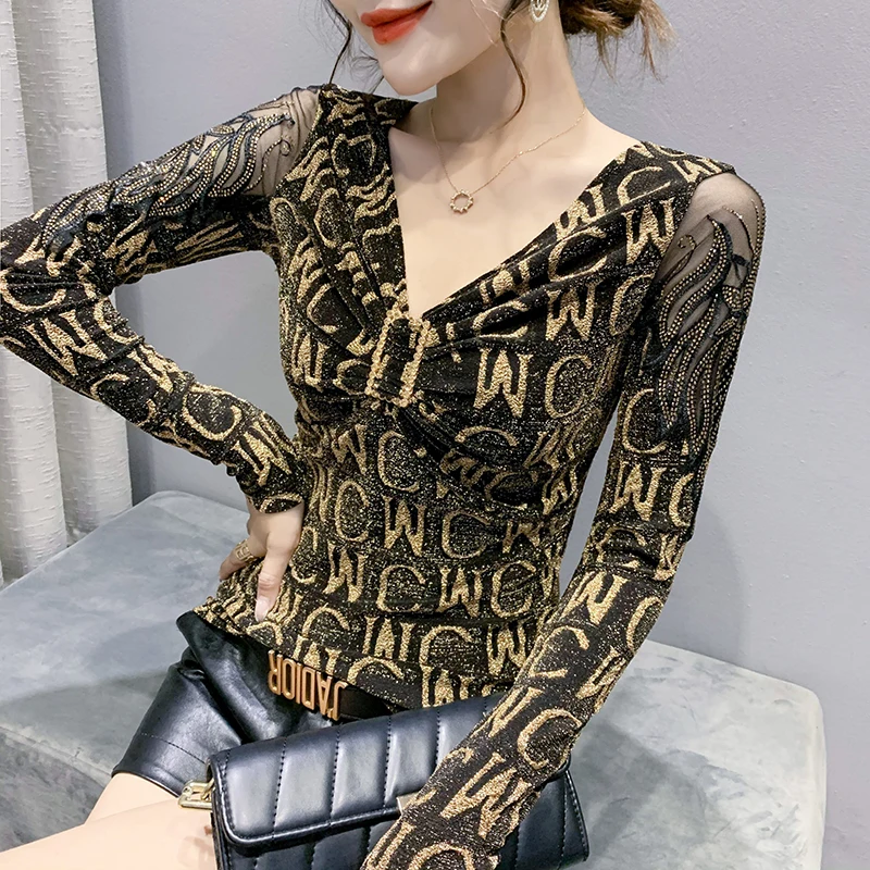 

Spring Fall European Clothes T-Shirt Fashion Mesh Print Sexy V-Neck Drape Shiny Diamonds Women Tops Long Sleeve Tees New