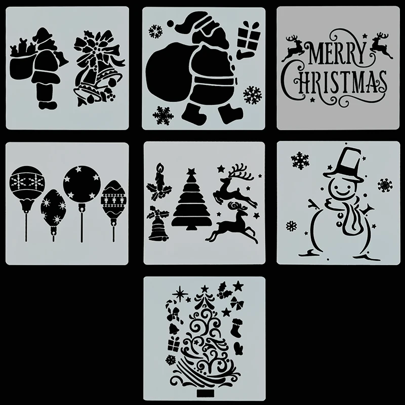

7pcs Christmas Drawing Stencil For Painting Santa Claus Snowman Deer Hollow PET Mold DIY Kids Toys Reusable Graffiti Template