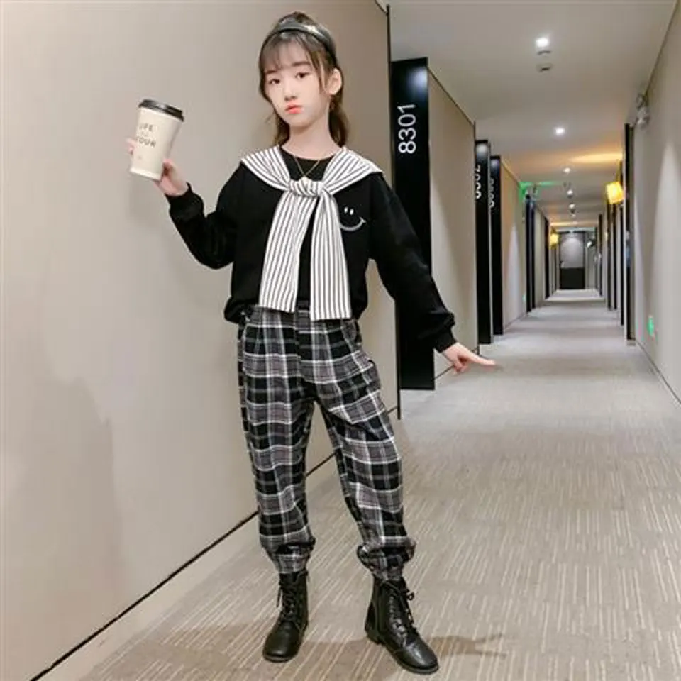 

2021 Spring Autumn Children's Sets Casual Girls Tops+Plaid Pant 2Pcs Set Age For 4 5 6 7 8 9 10 11 13 Yrs Toddler Girl Outfits
