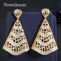 threegraces shiny cubic zirconia big long hollow dangle drop african gold color earrings for women wedding dress jewelry er397