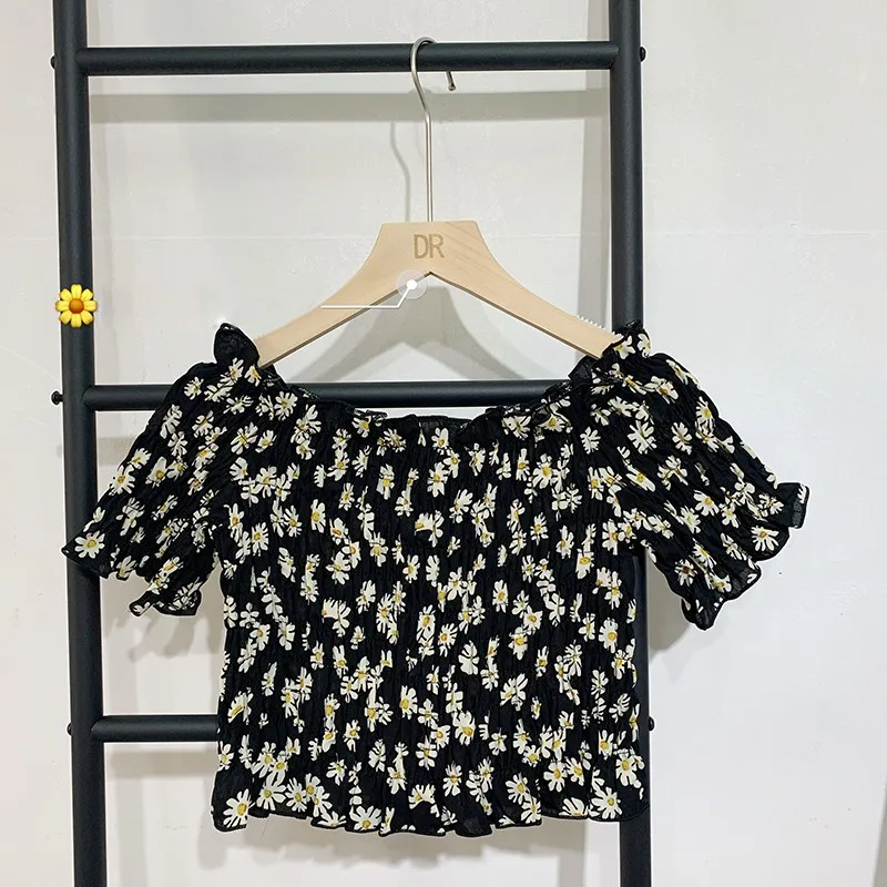 Женский укороченный топ с коротким рукавом футболка цветочным принтом оборками