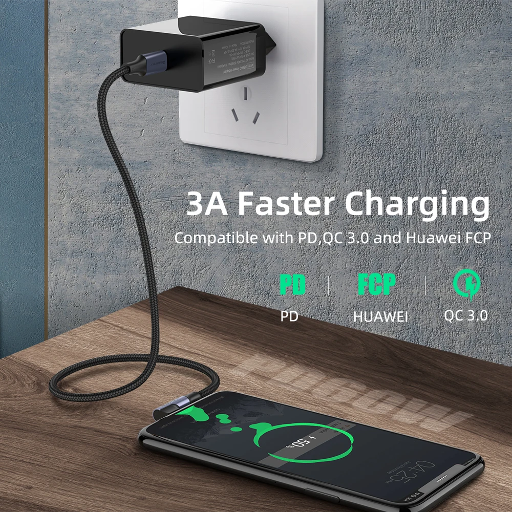 Кабель с углом 90 градусов USB Type C на для Samsung Xiaomi Redmi Note 10 8 Macbook 60 Вт шнур быстрой