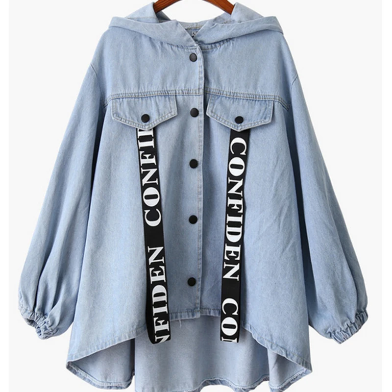 Женская укороченная джинсовая куртка с капюшоном свободная большого размера