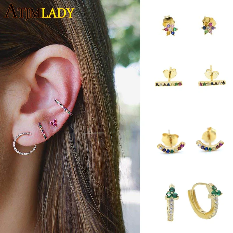 Миниатюрные серьги гвоздики с кубическим цирконием красного синего зеленого