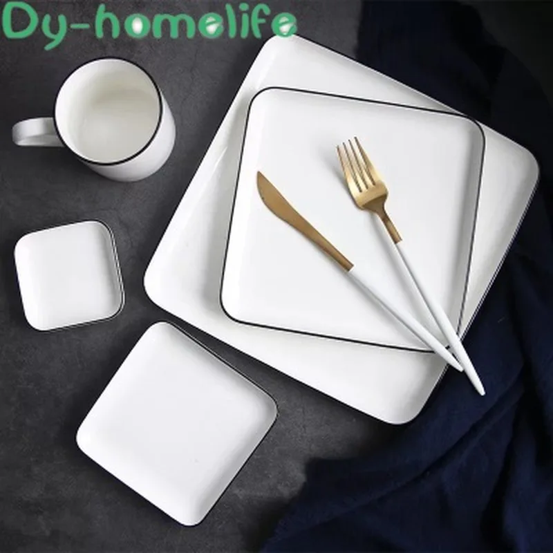 Скандинавские креативные белые и черные квадратные керамические тарелки