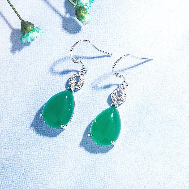 Натуральный зеленый нефрит халцедон капли воды серьги 925 серебро резной Шарм