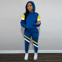 spring color block patchwork two piece sets women hooded full sleeve pocket hoodie and casual female jogger pants matching sets
