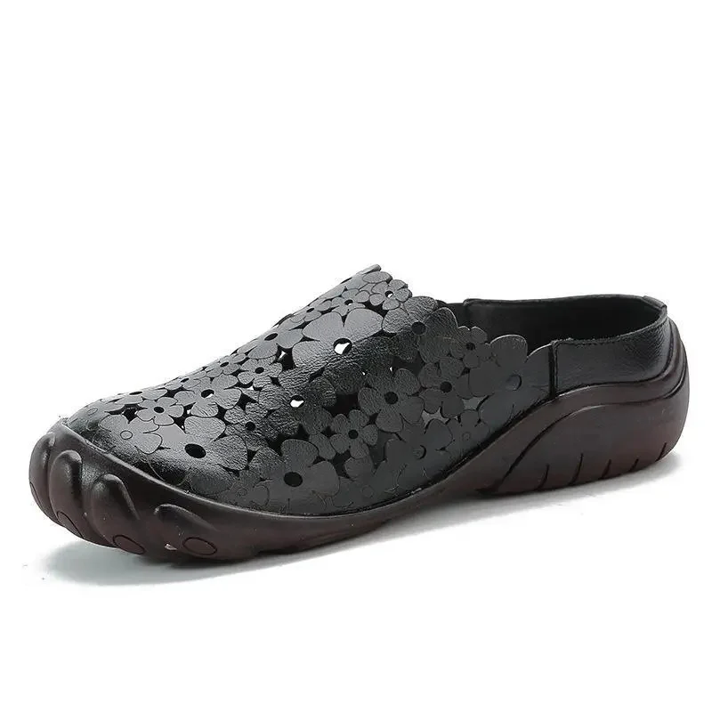

Summer genuine leather slippers womens retro brown shoes mom slip-on loafers casual outside slippers female shoes