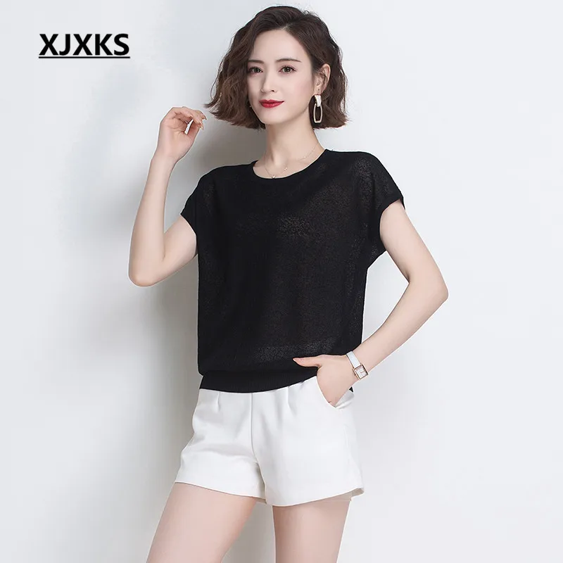 Футболка XJXKS женская с круглым вырезом универсальная однотонная Повседневная