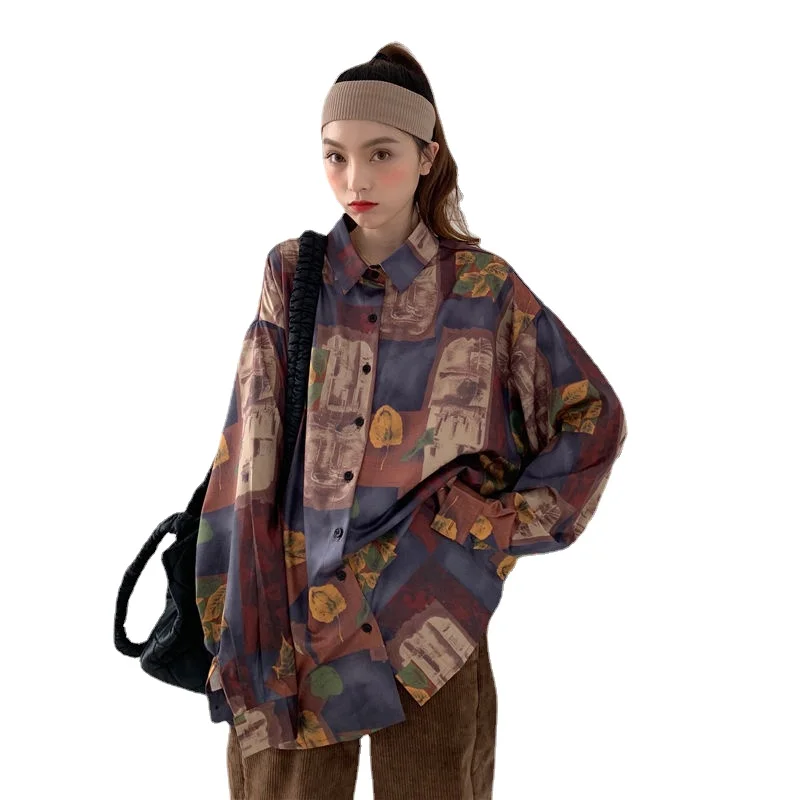 

Blouses Women Vintage Chic BF High Street Harajuku Print Teens Shirts All-match Popular Casual Long Sleeve Ladies Chiffon Blouse