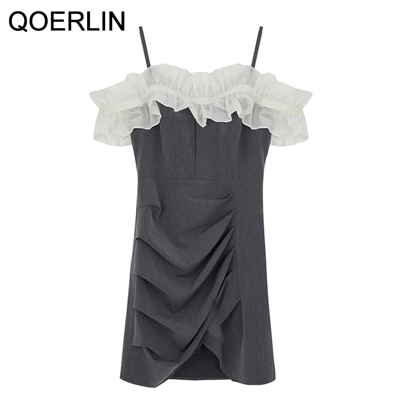 

QOERLIN 4XL Ruffle Dress Women Plus Size Summer Above Knee 2021 Summer New Fashion Mesh Suspender Pleated Slim Temperament Dress