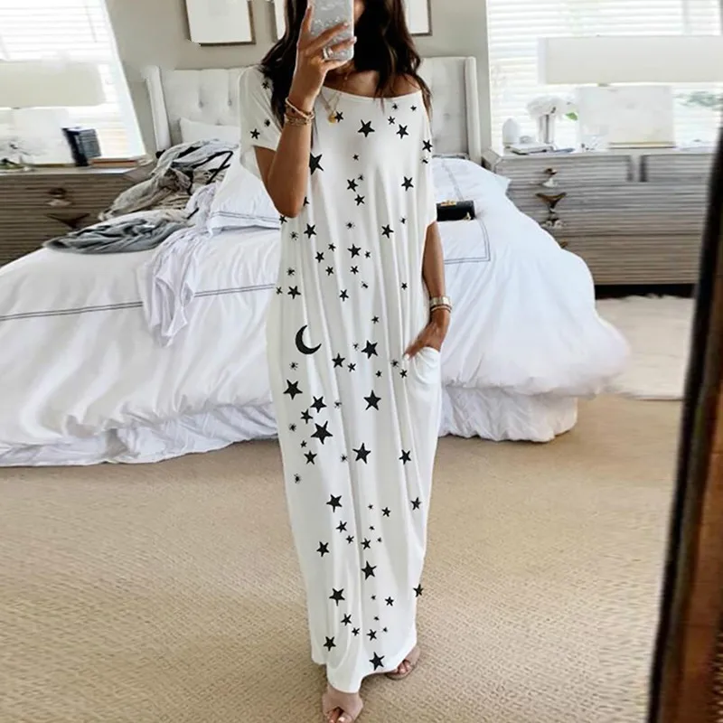 

2021 New Women Dresses Loose Off Shoulder Short Sleeve Long Dress Moon Star Printing Elegant Female Spring Summer Dress Vestidos