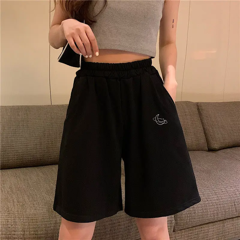 

Elastic Waist Casual Beach Party Korean version clothing size High waist Moon embroidery movement shorts women Summer