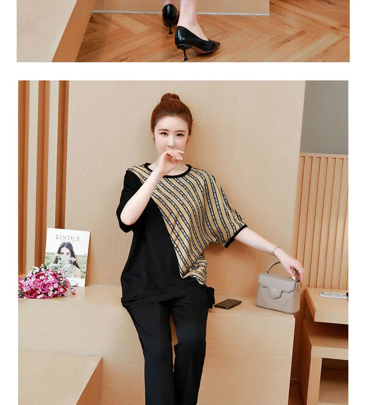 Комплект из 2 предметов размера плюс, большой 3XL, 4XL, 5XL, спортивный костюм для женщин, комплект в полоску, комплект из штанов и топа, летние костюмы