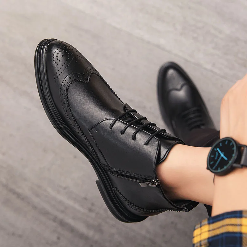 BIMUDUIYU Autumn New Men Leather Ankle Oxford Boots British Style Male Casual Lace Up Derby Shoes Fashion High Top Brogue Shoes