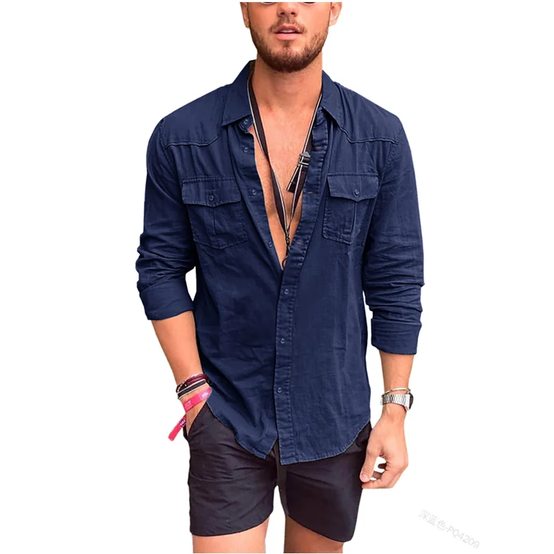 

Mandylandy Turn-Down Collar Polyester Plain Long Sleeve Single Breasted Men's Pocket Shirts