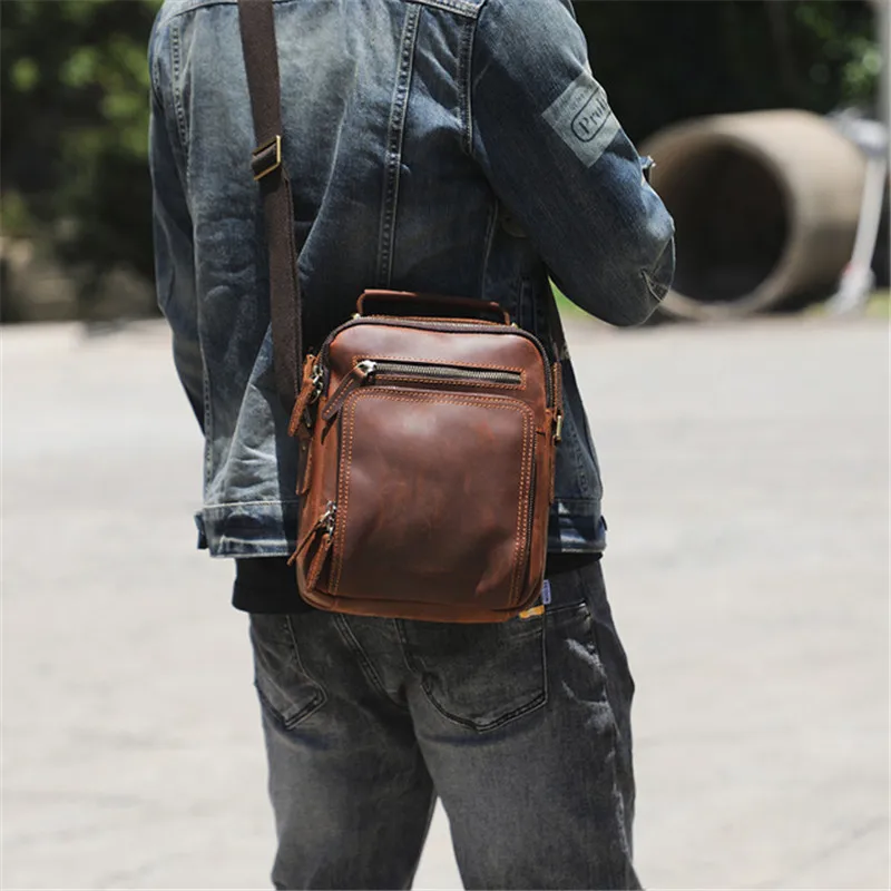 Retro Crazy Horse cowhide Men Notebook Portable Commuter Bag Designer Daily Work Multi-pocket Single Shoulder Messenger Bag