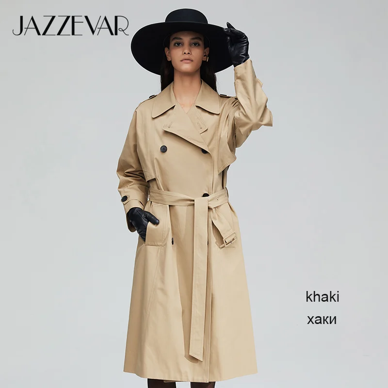 JAZZEVAR Новое поступление осенний плащ хаки пальто для женщин хлопок промывают длинный двубортный модный тренч свободная одежда высокого качества 9013-1 - Цвет: Khaki XTS01