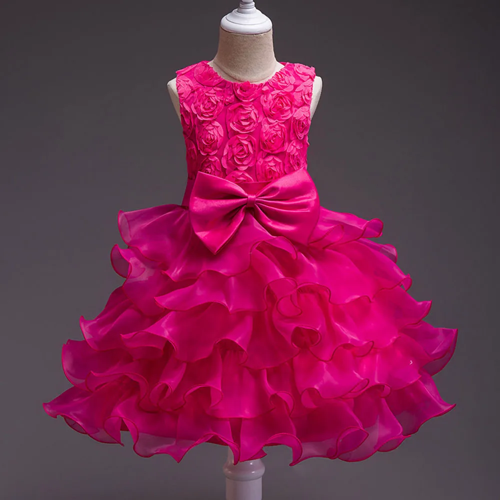 X024 Glitz Elegant Princess Pageant Gown Girl Short Dress Flower Fuscia Girls Wedding Party Dresses for Kids | Детская одежда и