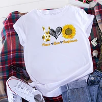 summer cotton women t shirt 5xl peace love sunflower print short sleeve graphic tee tops casual o neck female tshirt