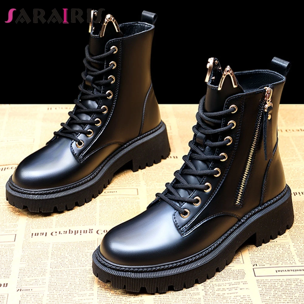

SARAIRIS Women's Ankle Boots New Fashion Autumn 2021 Chunky Heel Cat Ear Metal Short Booties Woman Motorcycle Casual Shoes
