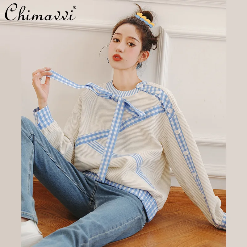 

Women Round Neck Stitching Fashion Sweatshirts Long Sleeve High Street Loose Pullover Female Korean Style Casual Sweatshirt