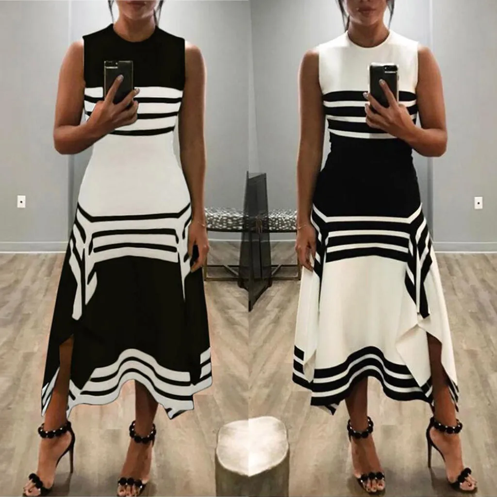 

Elegant High Waist Sleeveless Long Women Dress Formal Stripe Print Midi Party Dresses Sheath Mid Calf Offical Ladies Vestido