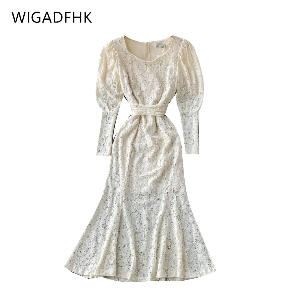 

WIGADFHK Elegant Lace Dress Autumn New Retro Square Neck Puff Sleeve Tie Waist Bag Hip Fishtail Skirt Fashion Party Dress