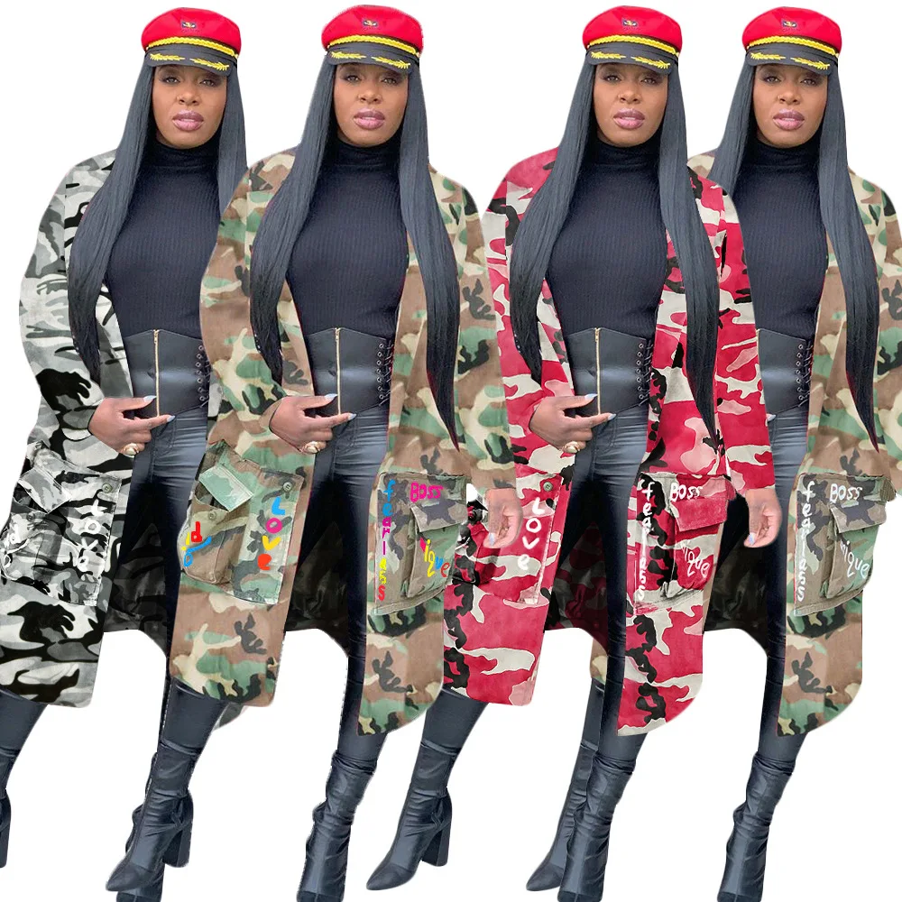 

Newset Fashion 2021 Plus Size Camouflage Trench Coat Women Casual Letter Print Coat Pockets Long Sleeve Overcoat Female Outwear
