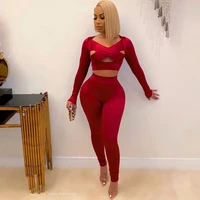bandage hollow out 2 two piece sets womens outfits club wear long sleeve crop top and pants suits birthday bodcyon matching sets
