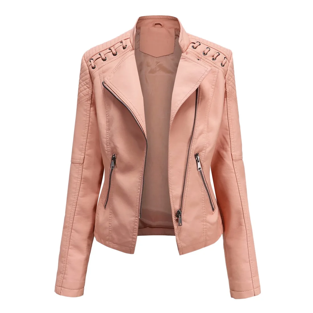 

High Quality 2021 Spring Winter Female Black PU Leather Loose Turn-down Collar Zipper Fashion New Women's Wild locomotive Jacket