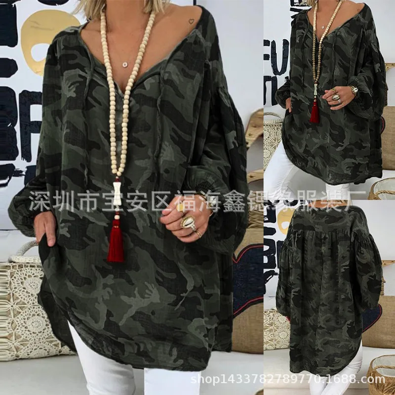 Женская рубашка с v образным вырезом и камуфляжным принтом свободная средней