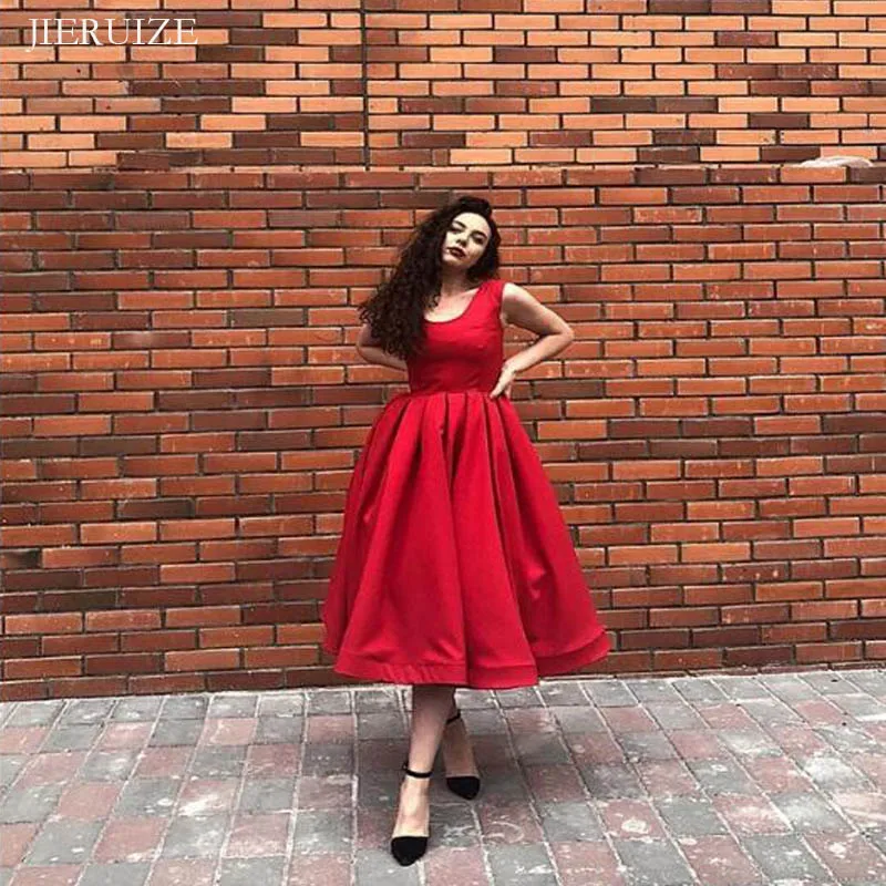 

JIERUIZE Red satin tea length Evening Dresses A-line lace up back Prom Dresses Formal Dress Evening Gowns